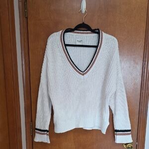 Abercrombie & Fitch Women's V-Neck Sweater - Cream with Black and Brown Trim